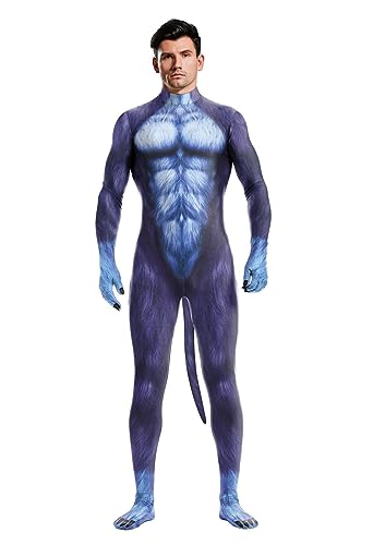 Sipumia Herren Halloween Bodysuit Muskel Tier Gedruckt Cosplay Skinny Catsuit Ganzkörper Overall Kostüme Mit Schwanz Farbe-19L von Sipumia