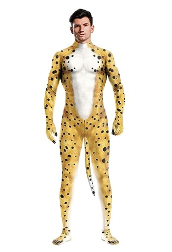 Sipumia Herren Halloween Bodysuit Muskel Tier Gedruckt Cosplay Skinny Catsuit Ganzkörper Overall Kostüme Mit Schwanz Farbe-23L von Sipumia