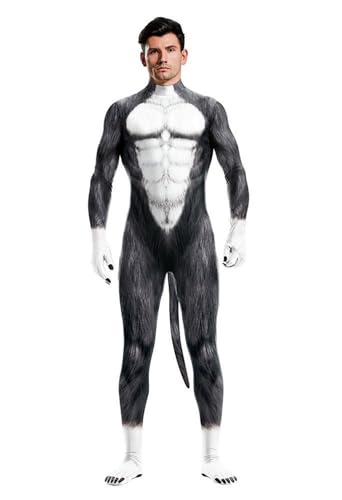 Sipumia Herren Halloween Bodysuit Muskel Tier Gedruckt Cosplay Skinny Catsuit Ganzkörper Overall Kostüme mit Schwanz Farbe-02 M von Sipumia