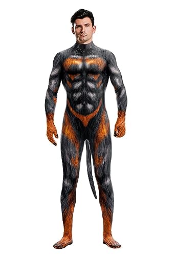 Sipumia Herren Halloween Bodysuit Muskel Tier Gedruckt Cosplay Skinny Catsuit Ganzkörper Overall Kostüme mit Schwanz Farbe-07 M von Sipumia