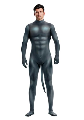 Sipumia Herren Halloween Bodysuit Muskel Tier Gedruckt Cosplay Skinny Catsuit Ganzkörperanzug Overall Kostüme mit Schwanz, Schwarzer Hund, M von Sipumia