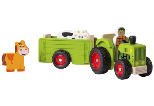 SirWood Spielset Bauernhof aus Holz - Figuren, Tiere und Holzarbeitsmittel - Traktor mit 6 Rädern und Anhänger 34 x 13 cm - Kinder 10 Monate - Frühe Kindheit - Globus Spielzeug 41603 von SirWood