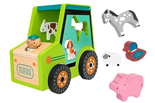 SirWood Traktor aus Holz mit ineinandergreifenden Formen - Formen in Form von Bauernhoftieren - Freilauf-Traktor Prima Kindheit Globo Spielzeug - 41595 von SirWood