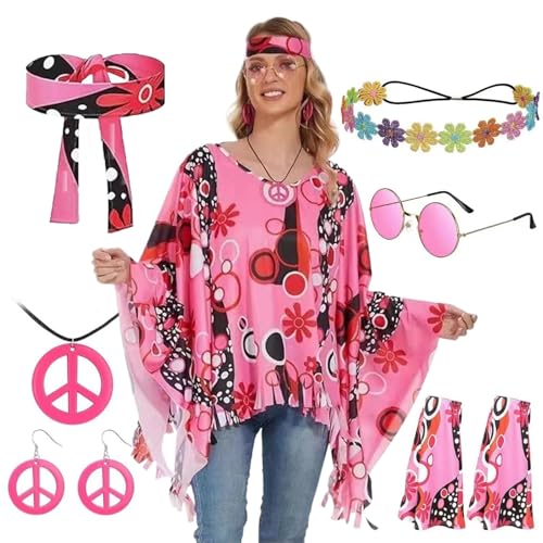 Sirseon Hippie-Damenkostüm,Hippie-Kostüm für Damen, 7-teiliges Hippie-Kostüm für Damen, 70er-Jahre-Outfits, Damen-Hippie-Accessoires, Hippie-Kostüm, Damen-70er-Jahre-Kleid für Halloween-Partys, von Sirseon