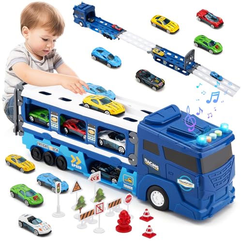 Sitodier Transport Truck Auto Spielzeug für Jungen, Rennstrecke Lastwagen Spielzeug für Kinder im Alter von 3 4 5 6 mit 6 Rennwagen, Transporter Träger Lastwagen Fahrzeuge Spielzeug für Jungen Mädchen von Sitodier