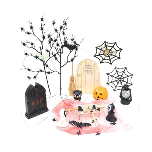 Siuwddee Miniatur-Halloween-Figuren,Halloween-Miniaturen zum Basteln,Dekorative Horror-Miniaturszene für Halloween | Multifunktionales Feengarten-Zubehör mit Lichterkette für drinnen und draußen von Siuwddee