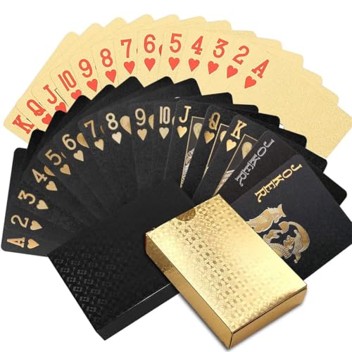 Sixfox Spielkarten Wasserfest, 2pcs Pokerkarten Plastik, Poker Kartenset, Wasserdicht Kartenspiel, Wasserfest Pokerkarten Plastik, Goldene Pokerkarten, Spielkarten Schwarze, 1 Gold + 1 Schwarz von Sixfox