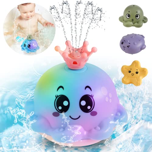 Sixome Badewannenspielzeug mit Licht, Vier Wassersprühformen Baby Wasserspielzeug Schwimmende Automatische Induktion Spray Wasser Baden Spielzeug ab Kinder 1 2 3 Jahr (Rosa Oktopus) (Blau Oktopus) von Sixome