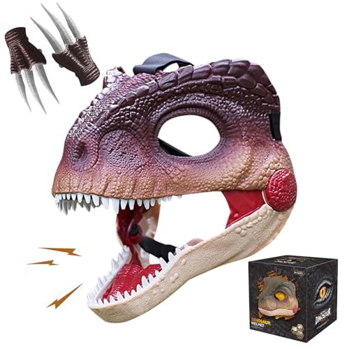 Halloween Deko Dino Maske, Beweglichem Kiefer Dino Mask mit 2 Dino Claws, Tyrannosaurus Maske Spielzeug mit Batterie und 2 Soundeffekte, Einstellbare Größe Realistische Maske Drache (Grün+Pfote) von Skeadex