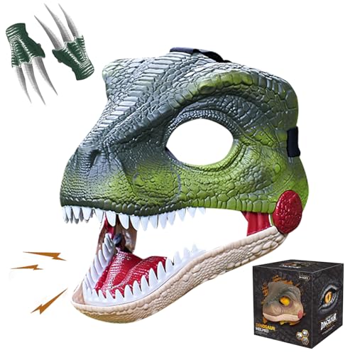 Halloween Deko Dino Maske, Beweglichem Kiefer Dino Mask mit 2 Dino Claws, Tyrannosaurus Maske Spielzeug mit Batterie und 2 Soundeffekte, Einstellbare Größe Realistische Maske Drache (Rot+Pfote) von Skeadex