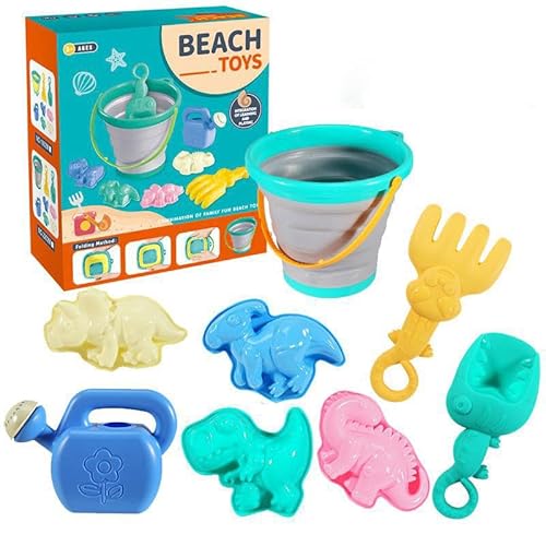 Skeadex 8 Stück Sandspielzeug Set,Strandspielzeug für Kinder,Sandkasten Spielzeug mit Faltbarer Eimer Sandförmchen Sandschaufel Reise Sand Spielzeug Outdoor Gartenspielzeug für ab 3 (A) von Skeadex