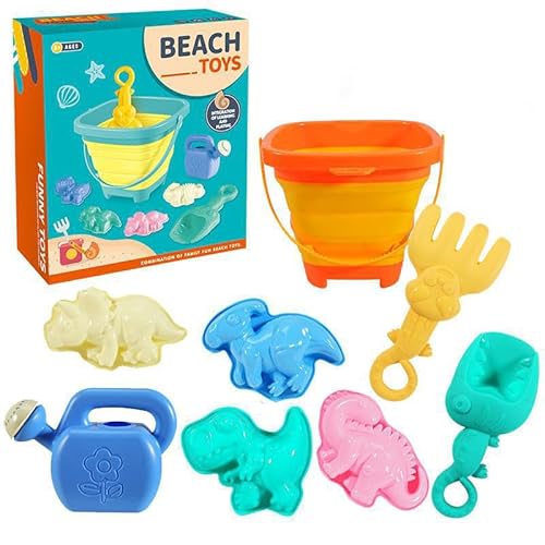 Skeadex 8 Stück Sandspielzeug Set,Strandspielzeug für Kinder,Sandkasten Spielzeug mit Faltbarer Eimer Sandförmchen Sandschaufel Reise Sand Spielzeug Outdoor Gartenspielzeug für ab 3 (B) von Skeadex