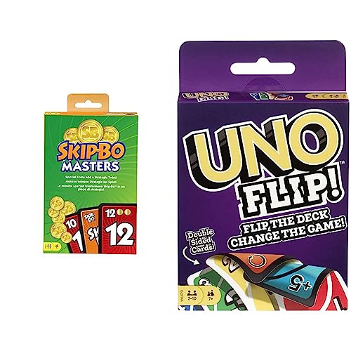 Skip-Bo Mattel Games HJR21 Masters Kartenspiel für Familien, Reisen und Spieleabende & UNO Karten-Spiels mit beidseitig bedruckten Karten, neuem Twist und spezieller FLIP-Karte von Skip-Bo