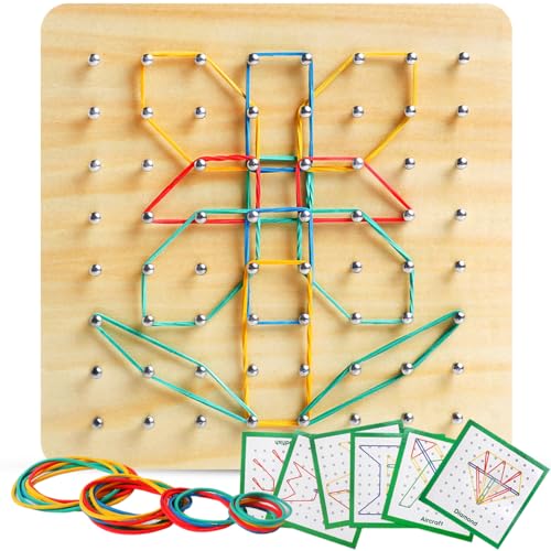 Skrtuan Geoboard Holz Montessori Holzspielzeug Motorikspielzeug für Kinder ab 3 Jahre, Kreative Geometrie-Bilder mit Gummibändern, Förderung von Feinmotorik und Hand-Augen-Koordination von Skrtuan