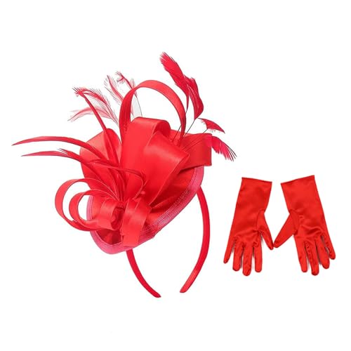 SkyPOOU Fascinator aus Satin, Hut, Federn, Stirnband und kurze Handschuhe, Cocktail-Kopfbedeckung für Damen von SkyPOOU