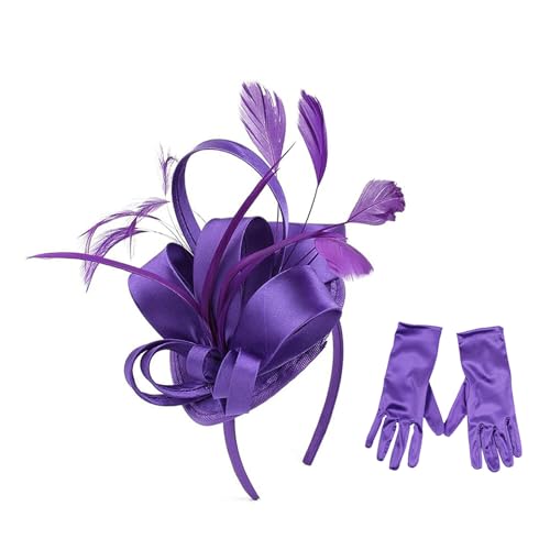 SkyPOOU Fascinator aus Satin, Hut, Federn, Stirnband und kurze Handschuhe, Cocktail-Kopfbedeckung für Damen von SkyPOOU