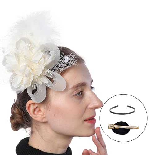 SkyPOOU Flapper-Haarspange im Stil der 1920er-Jahre, Bälle, Tänzerin, Kopfschmuck für besondere Anlässe, Hochzeit, Verlobung, Nacht, Kopfbedeckung, Haarstyling, Beige von SkyPOOU