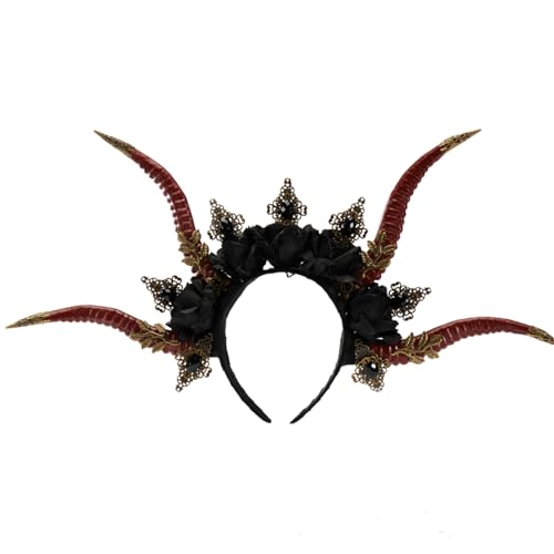 SkyPOOU Goat Horn Hairhoop mit Blume für Cosplay, Party, Halloween, Kostüm, Haarband, Erwachsene, Maskerade, Party, Stirnband, Rot, B von SkyPOOU