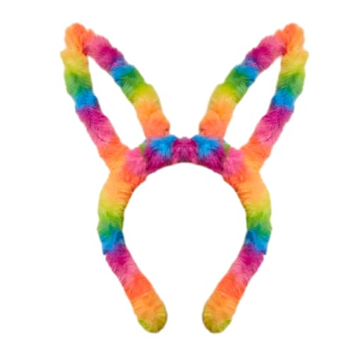 SkyPOOU Haarreif für Weihnachten, Festival, Haarband, Plüsch-Kopfschmuck, Party, Cosplay, für Erwachsene, Unisex, 13 cm dicke Plüschohren, Regenbogenfarben von SkyPOOU