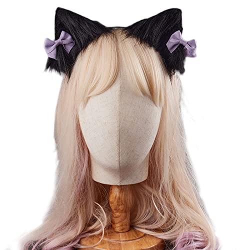 SkyPOOU Haarreif mit Tiermotiven, Anime, Katzen, Füchse, Ohren, Haarspangen, Cosplay, Haarschmuck, Haar-Accessoire, schwarze und violette Schleife, Tierohr-Stirnband von SkyPOOU