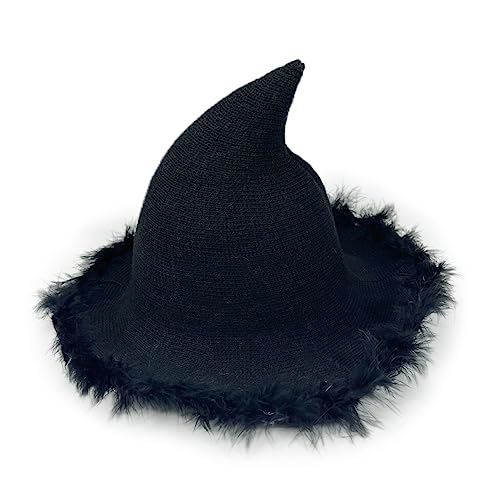 SkyPOOU Halloween-Strick-Hut, pelzige Krempe, Partyhut, Frauen-Zaubererhut, Unisex, Hexenkappe, Cosplay-Kostüm, weiblicher Urlaubskopfschmuck, Schwarz von SkyPOOU