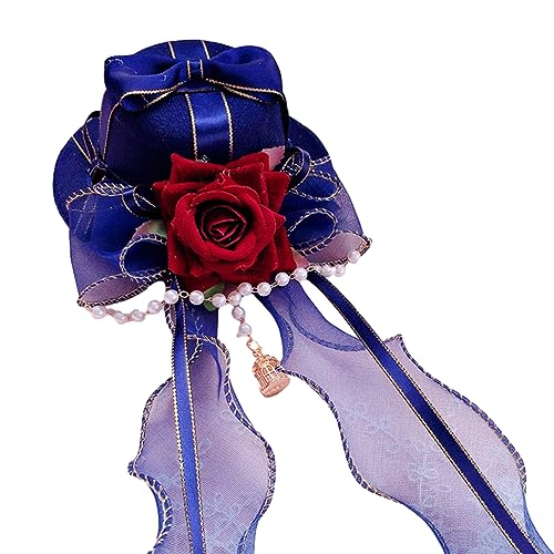 SkyPOOU Langer Spitzenhut mit Blume, Bowler-Hut, Cosplay, Party, Kostüm, Kopfschmuck für Damen, Haarschmuck, Marineblau von SkyPOOU