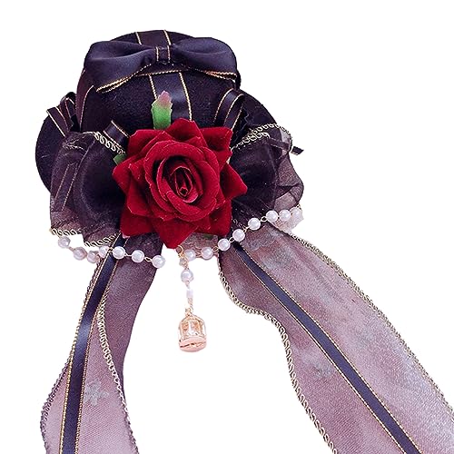 SkyPOOU Langer Spitzenhut mit Blume, Bowler-Hut, Cosplay, Party, Kostüm, Kopfschmuck für Damen, Haarschmuck, Schwarz von SkyPOOU