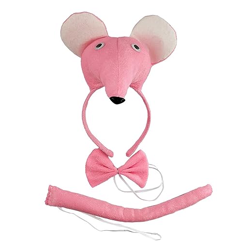 SkyPOOU Mädchen-Maus-Kostüm, Stirnband, Krawatte, Schwanz, Bühnenrequisiten-Set, Halloween-Party, Anime-Kostüm, Zubehör, Kinder-Foto-Requisiten, Rosa von SkyPOOU