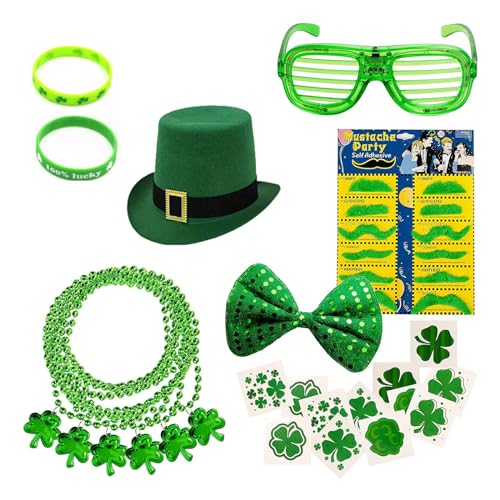 SkyPOOU Patricks Day Hut für Erwachsene, flacher Hut mit Armreifen, Perlen, Halskette, Brille, Schnurrbart und Fliege, Cosplay-Partyzubehör, Grün von SkyPOOU