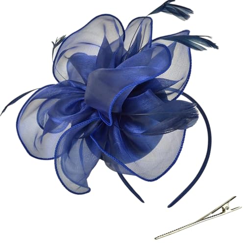 SkyPOOU TeaParty Fascinator für Party, Hochzeit, Organza-Fascinator, Haarnadel, große Blume, Kopfschmuck, Marineblau von SkyPOOU