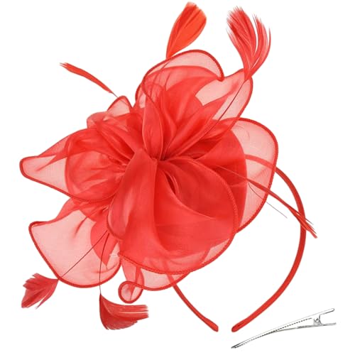 SkyPOOU TeaParty Fascinator für Party, Hochzeit, Organza-Fascinator, Haarnadel, große Blume, Kopfschmuck, Rot von SkyPOOU