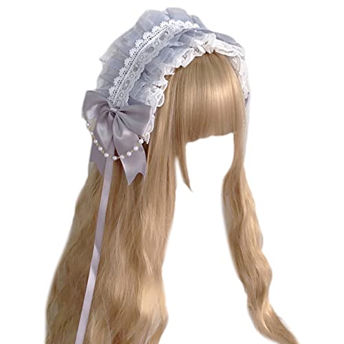 SkyPOOU Zartes Cosplay-Haarreif, elegante Schleife, Dekoration, plissiert, Spitze, Haarreif, Halloween, Party, Kostüm, Requisiten für Damen, Grau von SkyPOOU