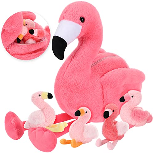 Skylety 46 cm Flamingo Kuscheltier Mama mit 4 Babys in Bauch Plüsch Flamingo Innen mit Reißverschluss Rosa Flamingo Plüschtiere für Geburtstag Weihnachten Geschenk Party Deko von Skylety