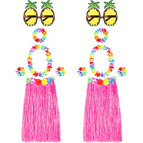 2 Sets 60cm hawaiianische Hula Gras Rock mit Ananas Sonnenbrille Blume Zubehör, Stroh (Rosa Röcke) von Skylety