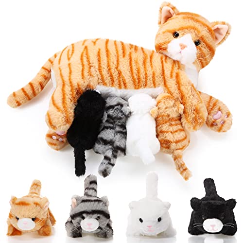 Skylety Pflegendes Katze Stofftier Mit Plüsch Kätzchen Kuscheltier Plushie Kätzchen Mama Katze Plueschtier mit 4 Baby Kuschelkatze für Geburtstag Spielzeug(Süßer Stil) von Skylety