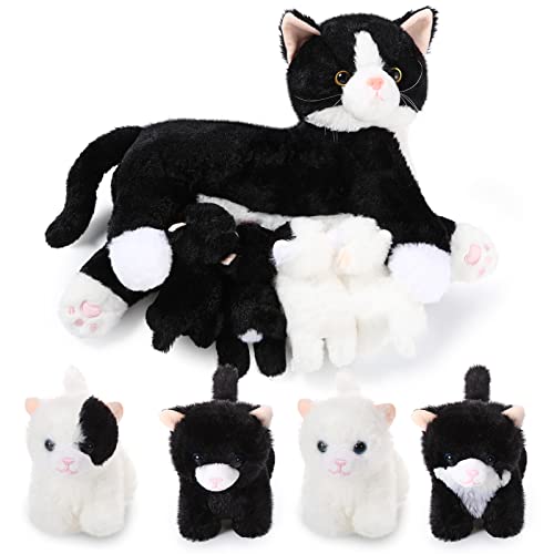 Skylety Pflegendes Katze Stofftier Mit Plüsch Kätzchen Kuscheltier Plushie Kätzchen Mama Katze Plueschtier mit 4 Baby Kuschelkatze für Geburtstag Spielzeug(Flauschiger Stil) von Skylety