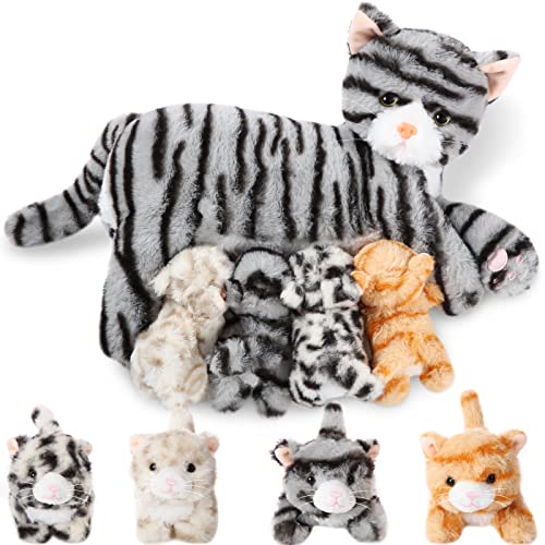 Skylety Pflegendes Katze Stofftier Mit Plüsch Kätzchen Kuscheltier Plushie Kätzchen Mama Katze Plueschtier mit 4 Baby Kuschelkatze für Geburtstag Spielzeug(Kuscheliger Stil) von Skylety