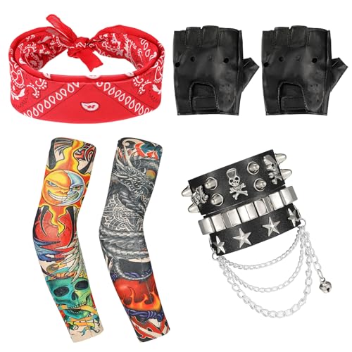 Punk Gothic Rocker Kit 70er 80er 90er Jahre Schwermetall Rock Kostüm mit Retro Rot Punk Bandanas Schwarze Handschuhe Gefälschte Tattoo Ärmel Schwarzes Kunstlederarmband für Männer Frauen von Skylety