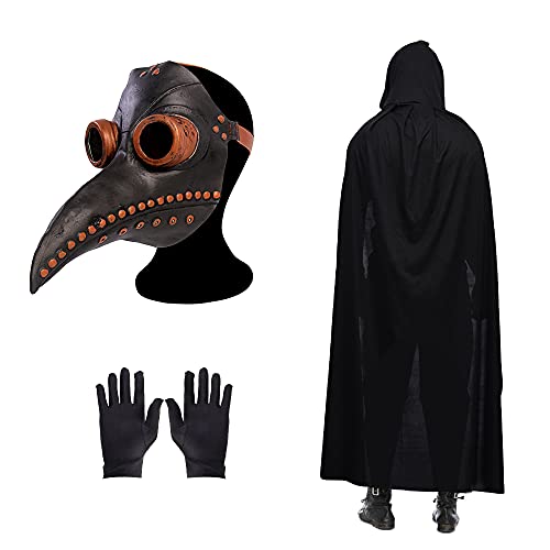 Pest Arzt Maske, Halloween Kostüm Requisiten Maske Steampunk Cosplay Maske Vogel Schnabel Verstellbare Maske mit einem Paar Handschuhen, Schwarz Kapuzenumhang für Halloween Party von Skystuff