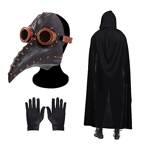 Pest Doctor Maske Vogel Schnabel Lange Nase Steampunk Maske mit einem Paar Handschuhen und schwarzem Kapuzenumhang Halloween Kostüm Requisiten Maske von Skystuff