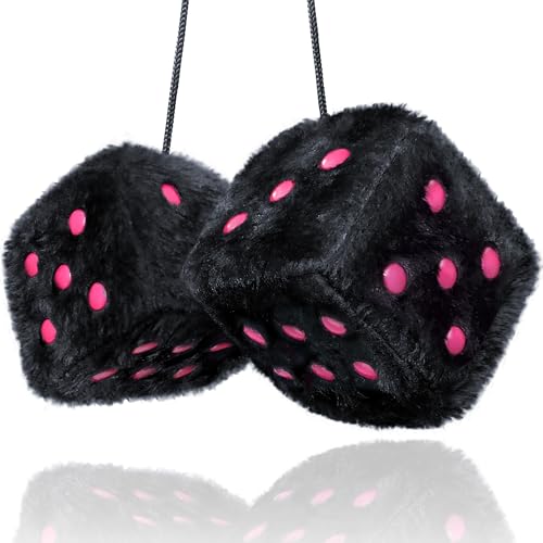 Black Fuzzy Dice Autozubehör - Plüsch Niedlich Rosa Autozubehör für Innen - Plüsch Rückspiegel Hängende Ornament Dekorationen - Retro Y2K McBling 2000er Aesthetic Decor - (Schwarz Rosa) von Skyvora