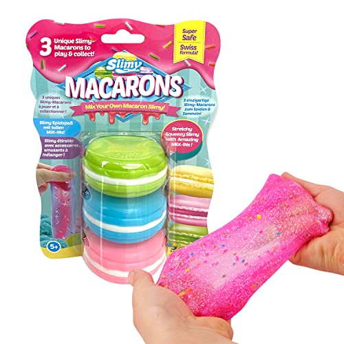 SLIMY Macarons 3 x 50g in Grün, Blau & Rosa - Original Slime Set mit verschiedenen Spielmassen, Glitzer und Streusel zum Einkneten, Spielspaß für Kinder, elastische Spielknete (Spielzeug ab 3 Jahre) von Slimy