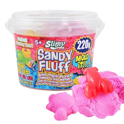 Slimy Sandy Fluff 220g Pinker Sand - Original Slime Sand für Kinder, magische Spielmasse inklusive Eimer und Zwei Formen, elastische Spielknete (Spielzeug ab 3 Jahre) von Slimy