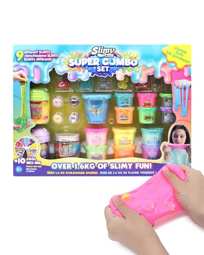 Slimy Super Combo Set - Original Slime Set mit 9 verschiedenen Spielmassen und 10 x Mix-Ins | maximaler Spielspaß für Kinder mit 1600g Schleim | elastische Spielknete im Geschenk-Set von Slimy