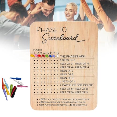 Phase 10-Punktetafel, lustige hölzerne Phase 10-Punktetafel und Rundenzähler mit 8 farbigen Stiften, Phase 10-Punkteblätter, Familien- und Erwachsenen-Tischkartenspiele für Familienspiele (1PCS) von Slipasikao