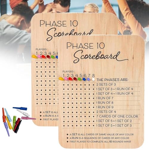 Phase 10-Punktetafel, lustige hölzerne Phase 10-Punktetafel und Rundenzähler mit 8 farbigen Stiften, Phase 10-Punkteblätter, Familien- und Erwachsenen-Tischkartenspiele für Familienspiele (2PCS) von Slipasikao