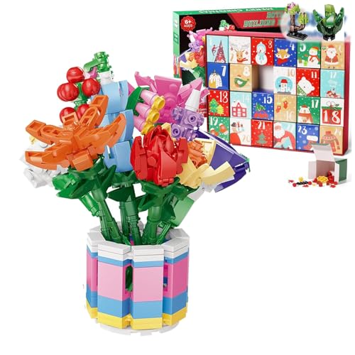 Slipasikao Adventskalender 2024 für Kinder, Erwachsene und Teenager, 24-tägiger Weihnachts-Countdown-Kalender mit Blumenstrauß-Bausteinen, Spielzeugsets mit saftigen Blumen (#3) von Slipasikao