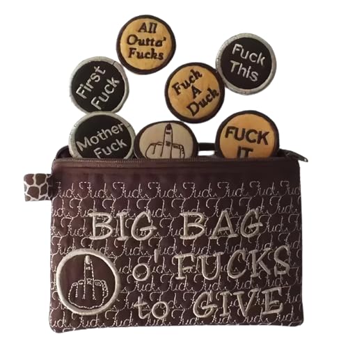 Slipasikao Big Bag of F*CKS to Give Zipper Pouch, 17 Different Fucks Felt Coins, Ironic Felt Bag, Fuck it, Fuck This, First Fuck, WTF, Fucks to Give Gag Gift for Friend (Brown) von Slipasikao