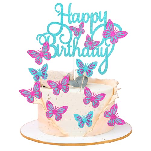 13 Stück Schmetterlinge Geburtstag Tortendeko Sequins Butterfly Cake Toppers 3D Schmetterlinge Deko Torte Glitter Butterfly Cupcake Toppers Picks für Geburtstagsparty Themenparty(Seeblau + Rosenrot) von Sliverdew