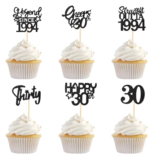 24 Stück 30. Geburtstag Cupcake Topper Geburtstagsdeko von 1994 für 30 Geburtstagsfeier Glitzer Schwarz Cake Topper 30 Geburtstag Deko, für glückliche 30 Geburtstag Jubiläum Party Supplies,schwarz von Sliverdew